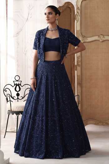 Basanti Kapde Aur Koffee Midnight Revierie Embroidered Jacket Lehenga Set 