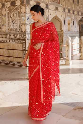 Geroo Jaipur Checkered Pattern Saree With Blouse 