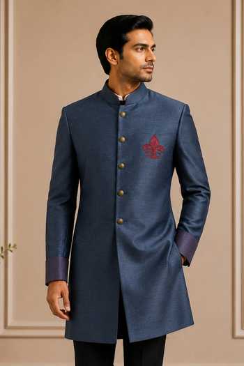 Varoin Marwah Navy Blue Raw Silk Sherwani 