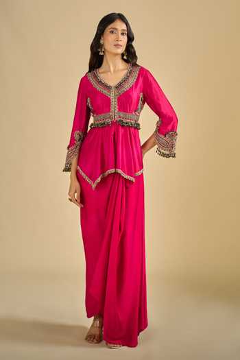 Prisho Neckline Embroidered Peplum Top & Skirt Set 