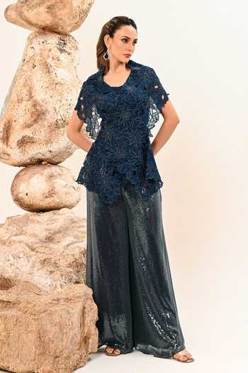 Day And Mood Floral Cutwork Cape & Pant Set 