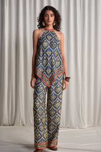 Dash And Dot Halter Neck Scarf Print Top & Pant Set