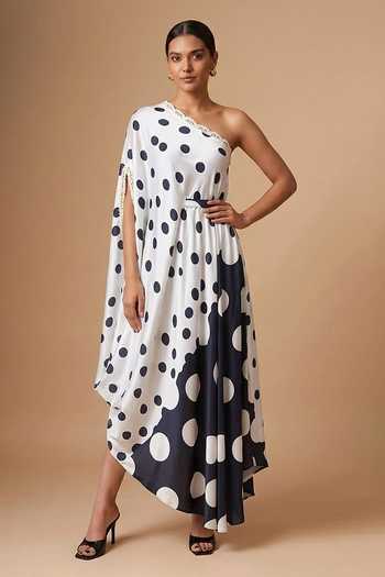 Vedika M Polka Dot Satin One Shoulder Dress & Belt 