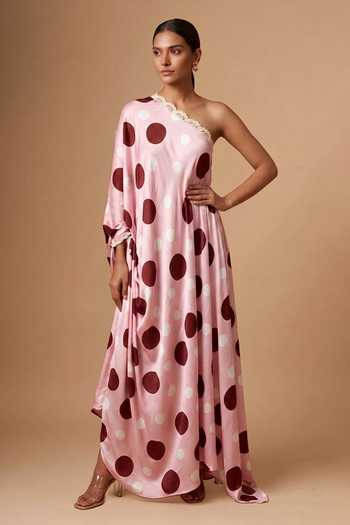 Vedika M Polka Dot Satin One-Shoulder Dress 