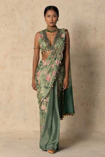 Basil Leaf Emerald Aura Printed Pre-Draped Saree With Blouse
