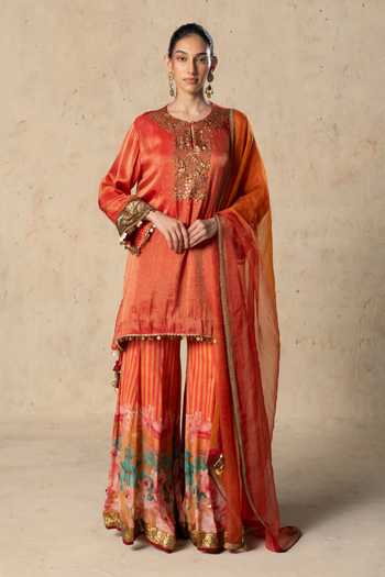 Basil Leaf Orange Flame Embroidered Kurta Sharara Set