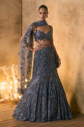 Angad Singh Cendre Bugle Bead Embroidered Fishcut Lehenga Set 