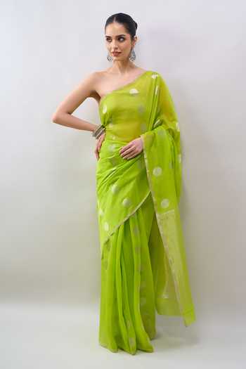 Mint N Oranges Polka Handwoven Saree With Running Blouse 