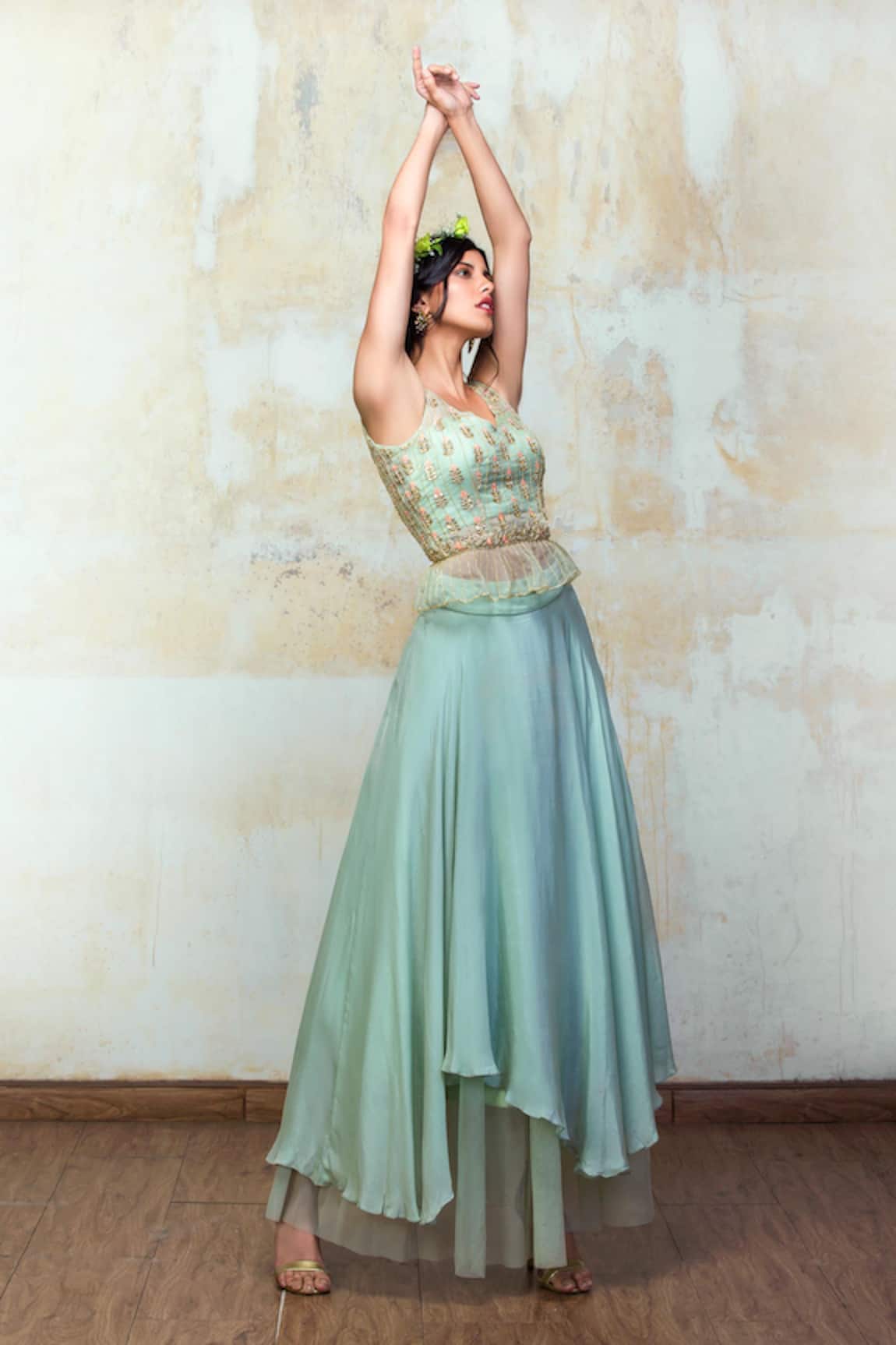 Izzumi Mehta Mirror Embellished Blouse & Skirt Set 