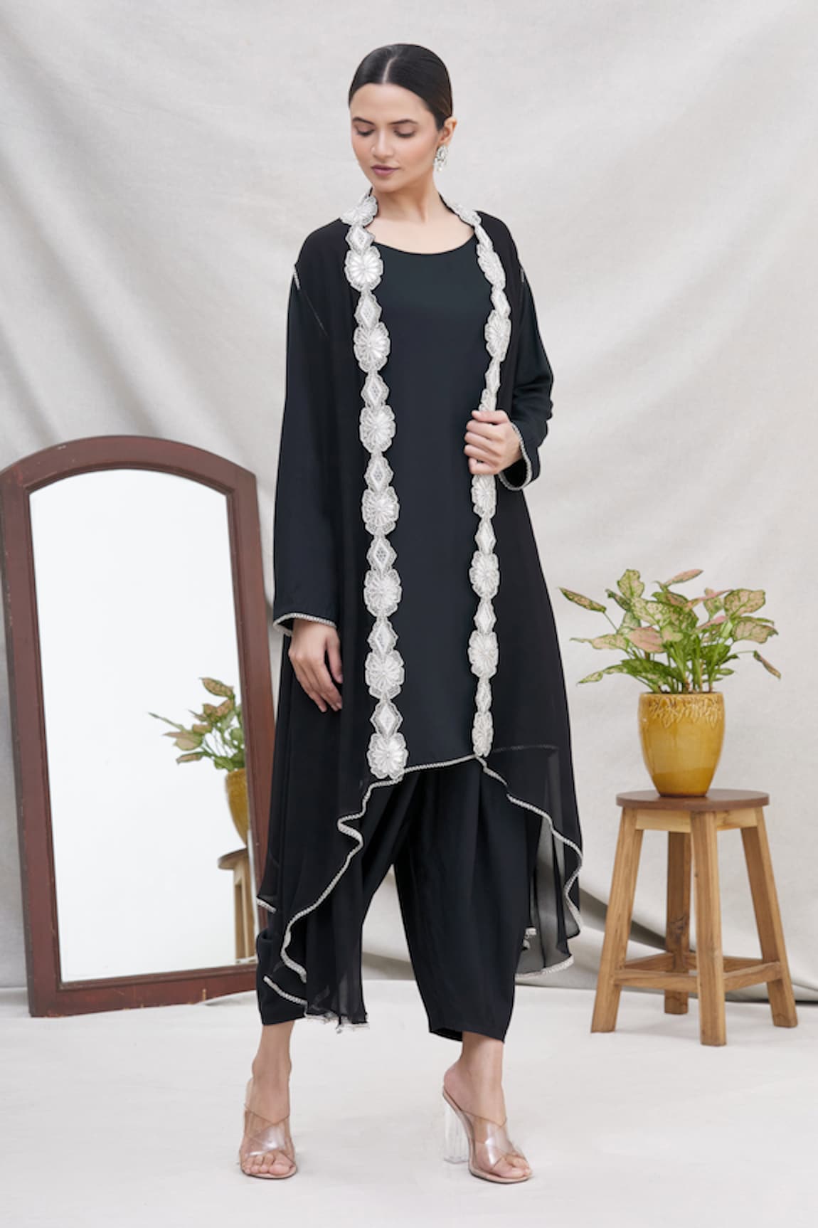 Ekta Singh Asymmetric Floral Hem Cape & Dhoti Pant Set