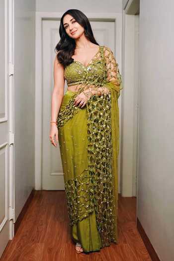 Quench A Thirst Jaal Work Pre-Draped Saree & Blouse Set 