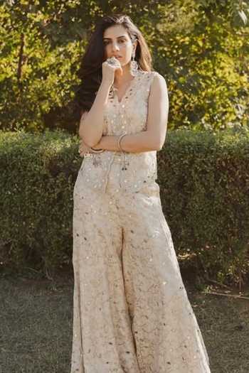 Gopi Vaid Beige Mirror Thread Work Vest & Pant Set 