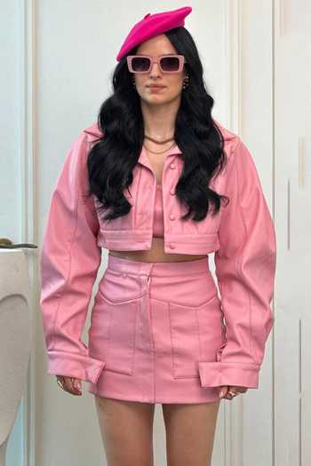 July Issue Solid Cropped Jacket Mini Skirt Set 