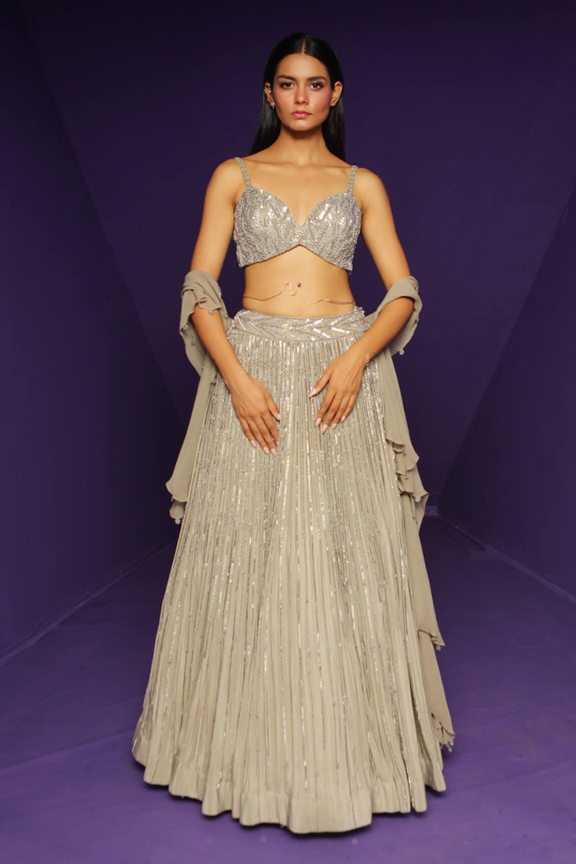 Rishi And Soujit Stripe Embellished Lehenga Set 