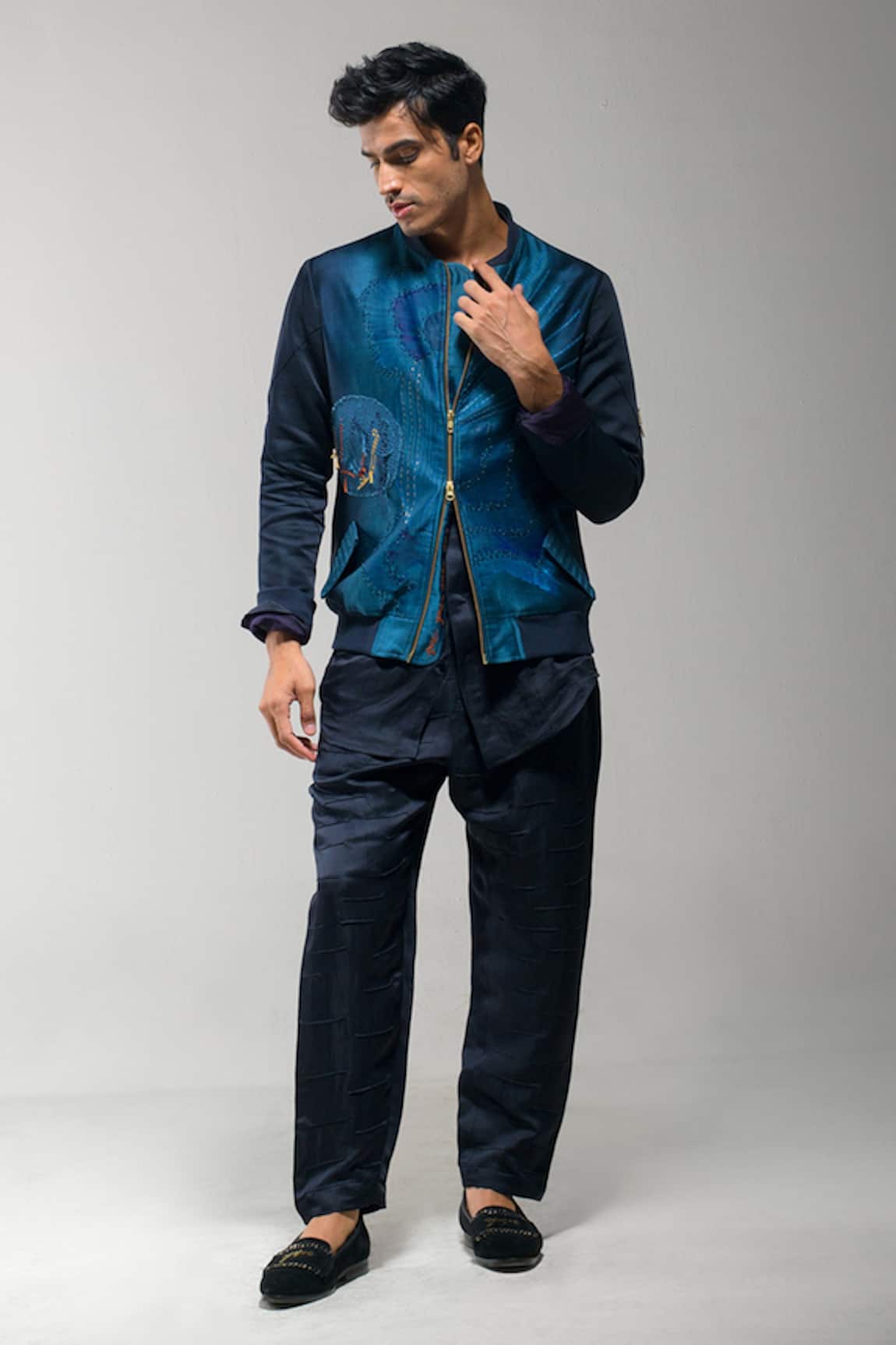 Jatin Malik Linen Silk Bomber Jacket With Kurta Set