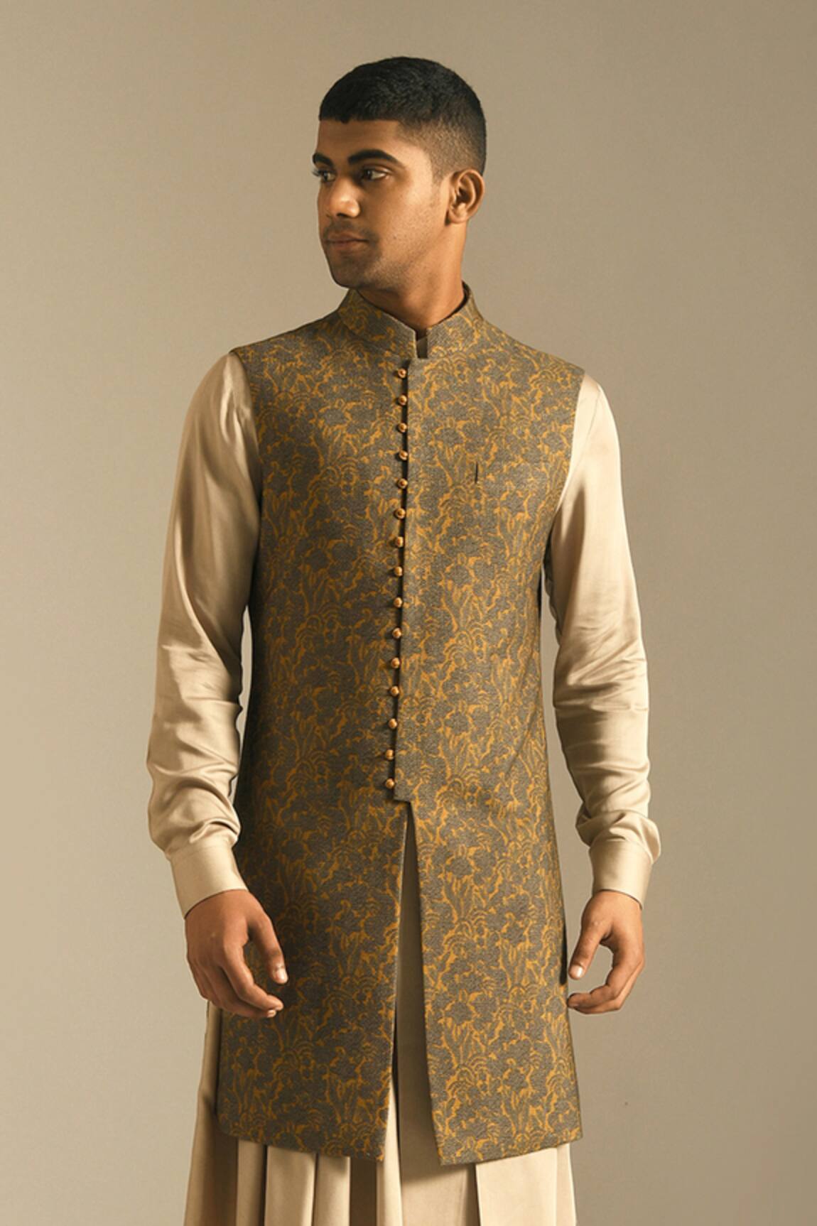 Dhruv Vaish Chanderi Long Nehru Jacket