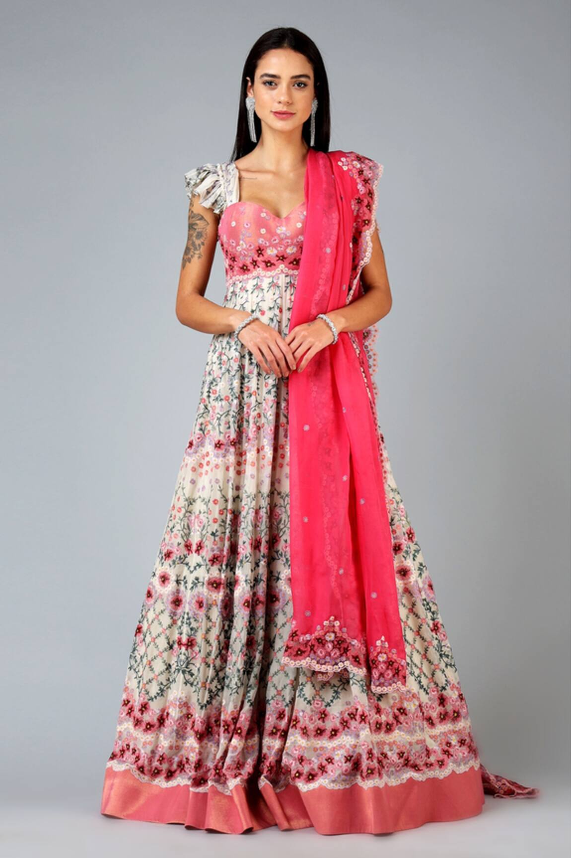 Geisha Designs Floral Embroidered Anarkali With Dupatta 