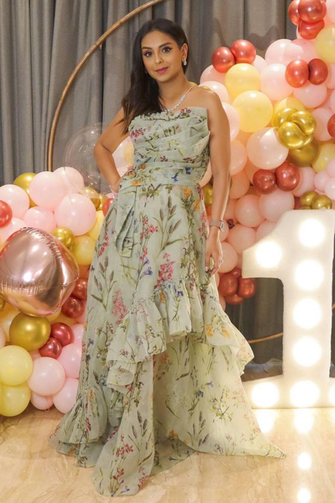 Geisha Designs Ruffle Printed Gown