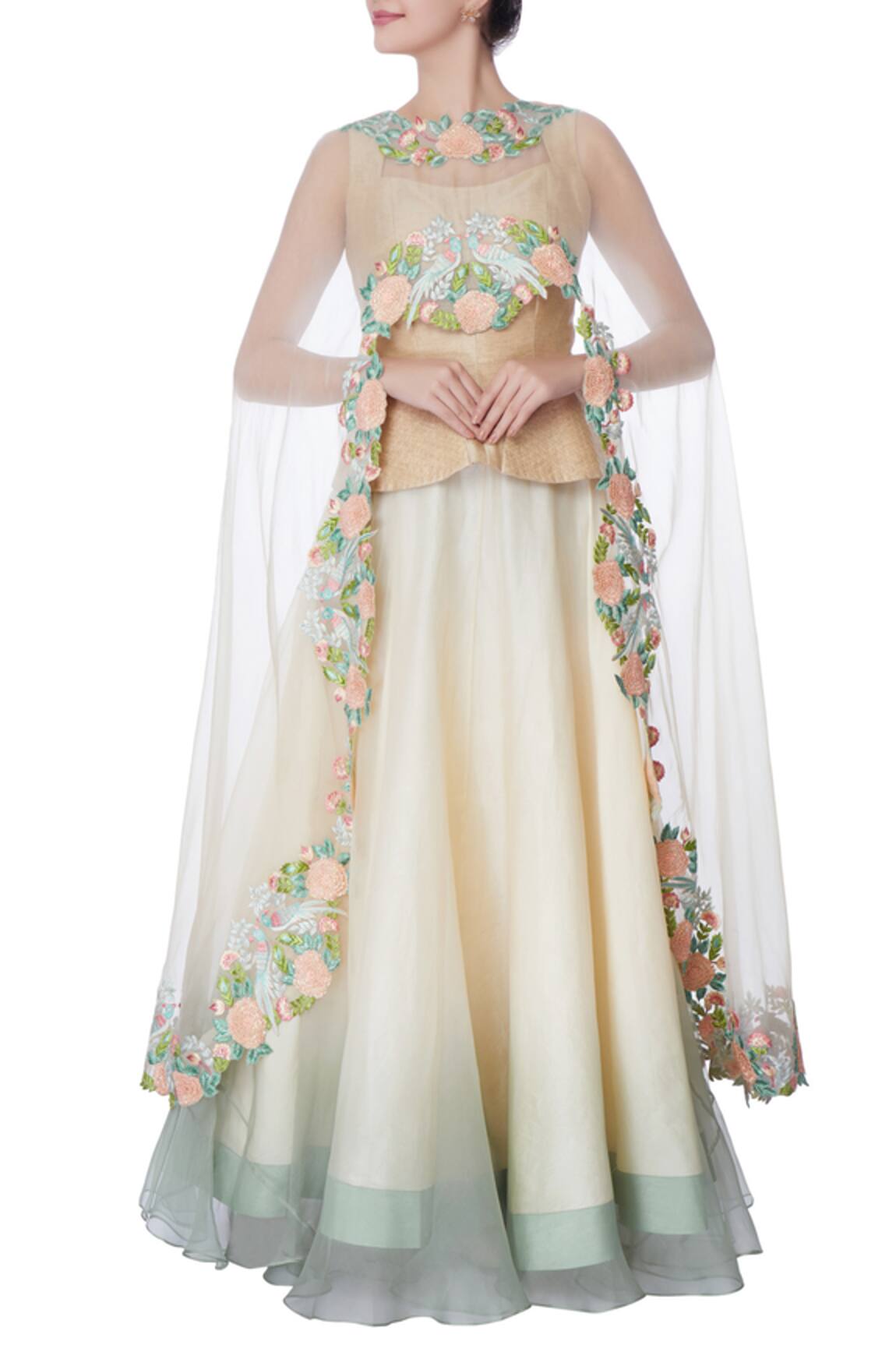 Incheetape Ivory organza silk cape with lehenga & blouse