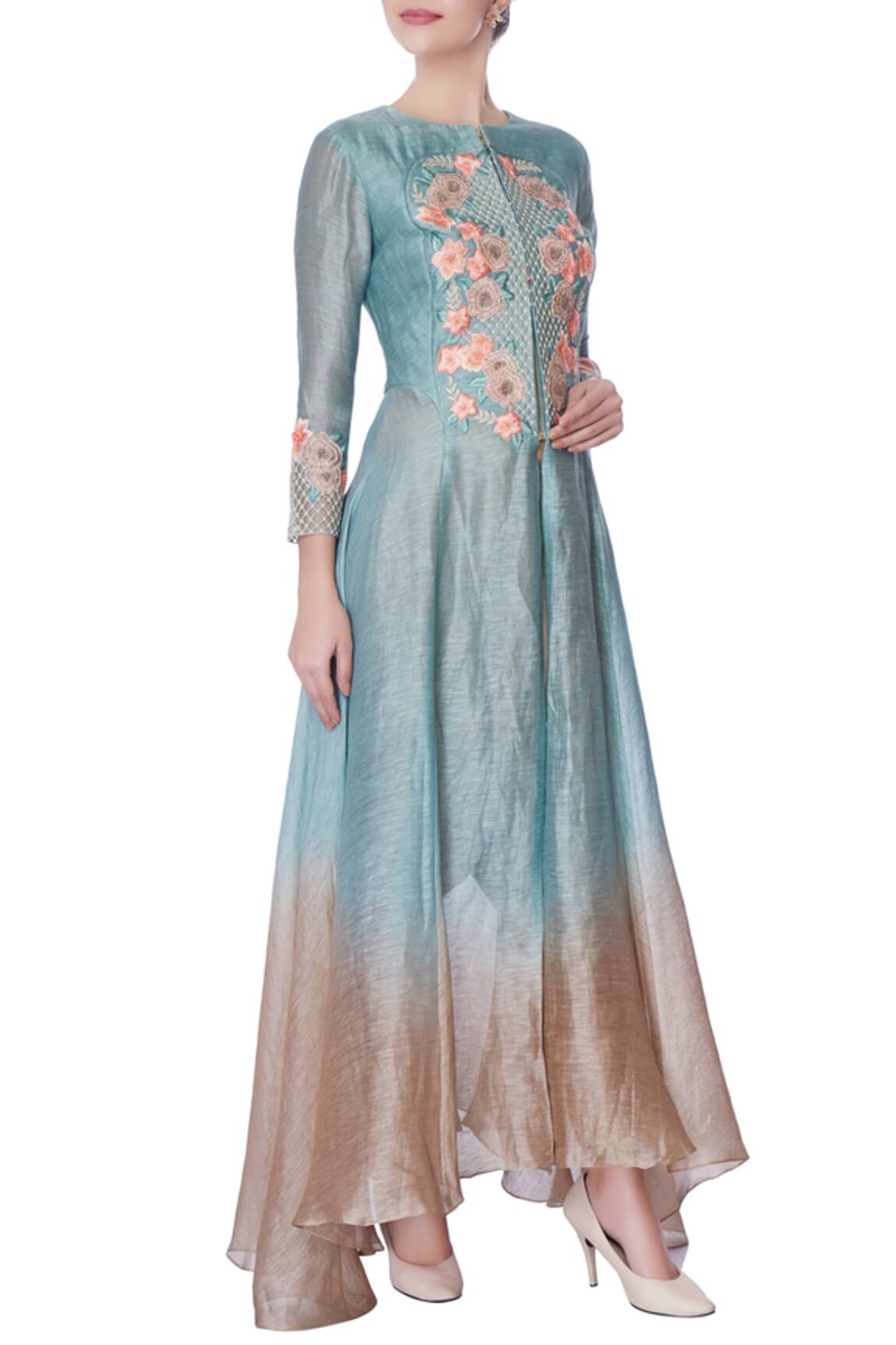 Incheetape Teal blue hand-finished jaali kurta & dhoti pants