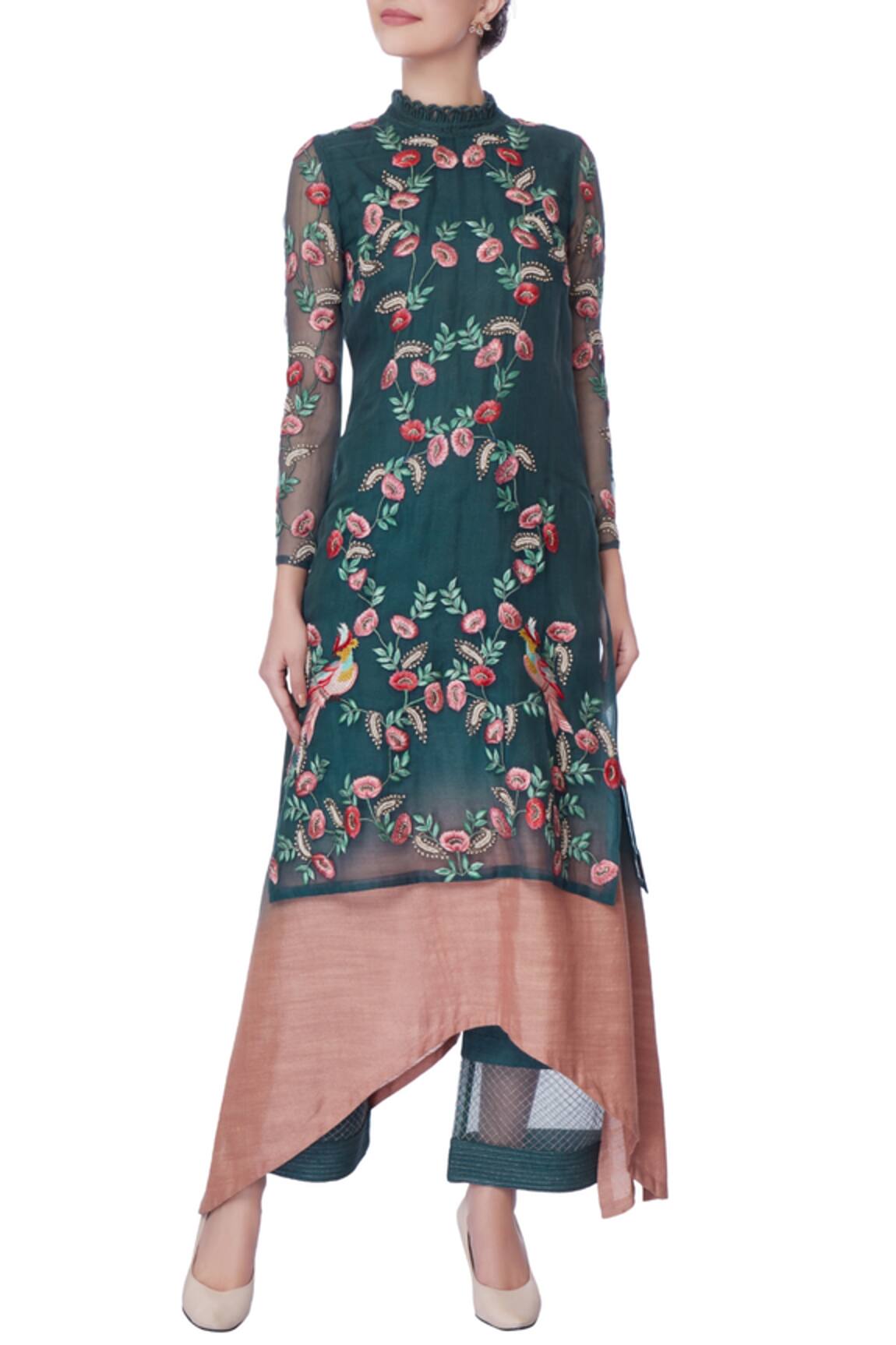 Incheetape Teal blue zardozi kurta & palazzo pants