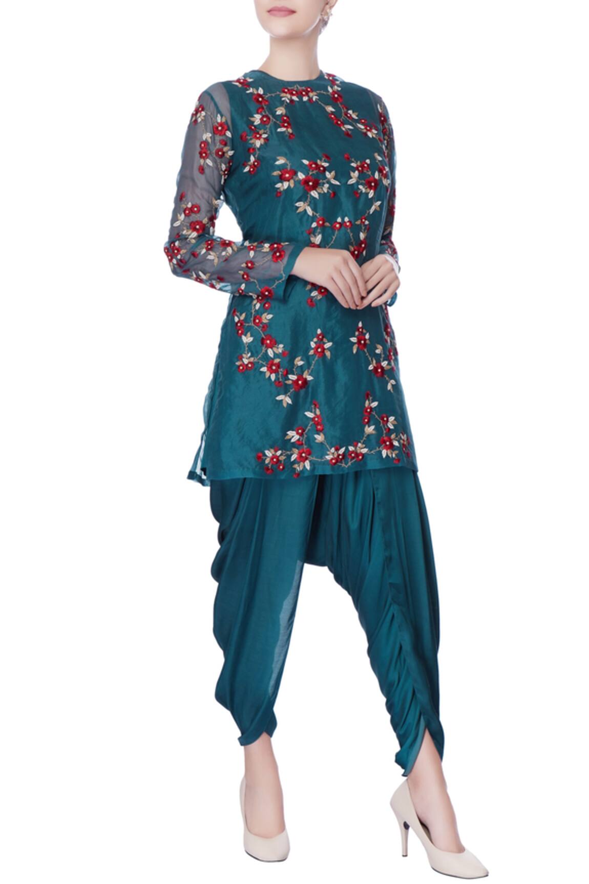 Incheetape Teal blue resham & zardozi embroidered kurta set