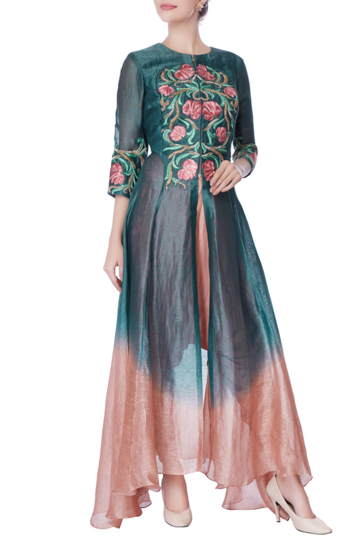 Incheetape Teal & pink front open kurta & dhoti pants