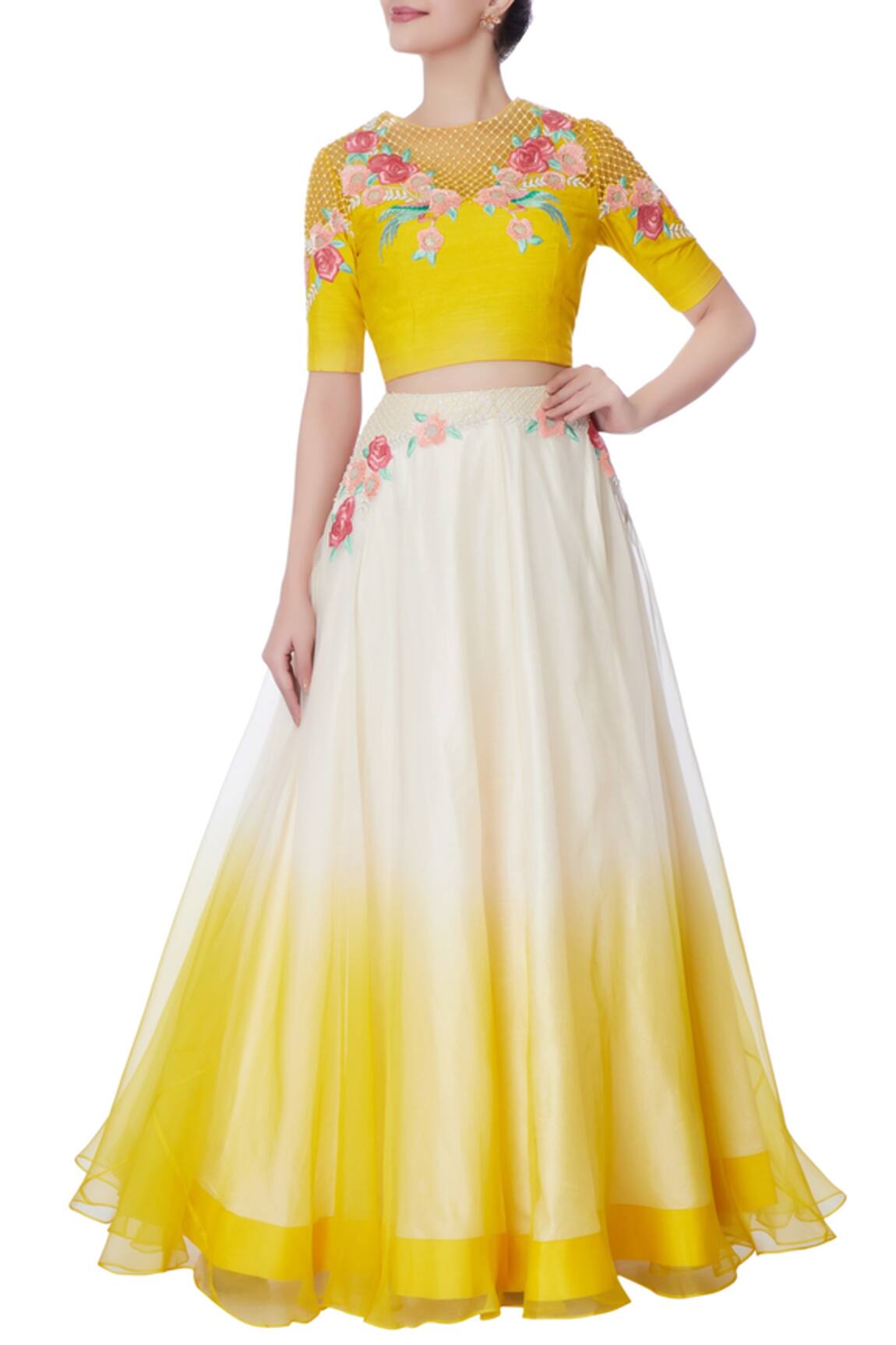 Incheetape White & yellow organza floral lehenga & blouse