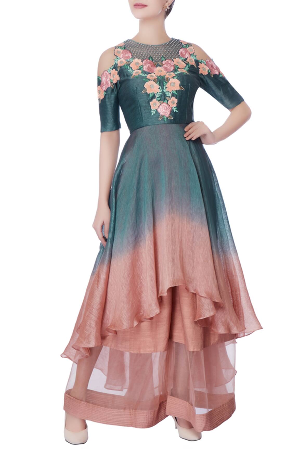 Incheetape Blue & pink cold-shoulder kurta & palazzo pants