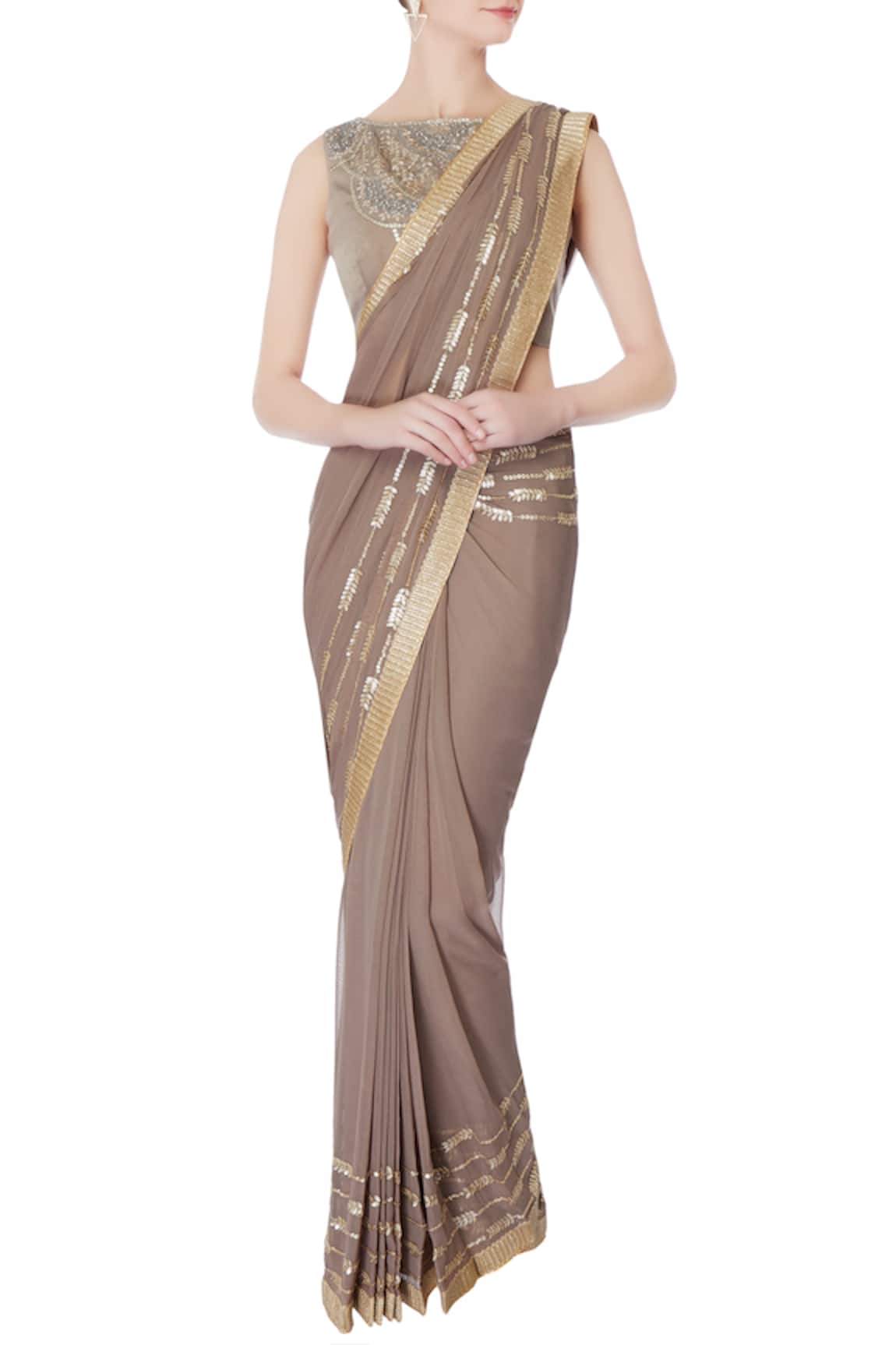 Rajat & Shraddha Taupe pre-draped embroidered saree with blouse