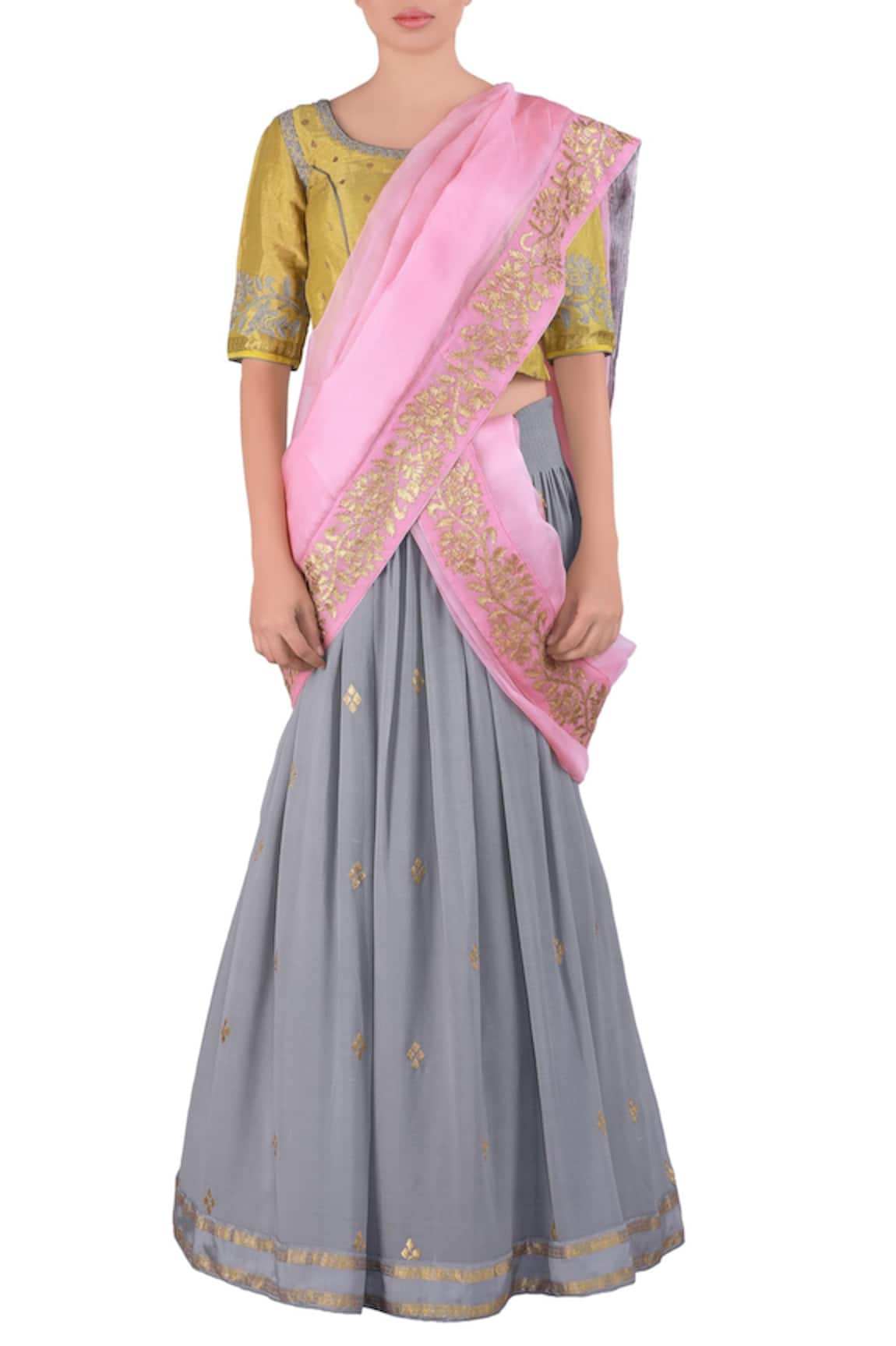 Latha Puttanna Slate grey embroidered georgette lehenga saree set