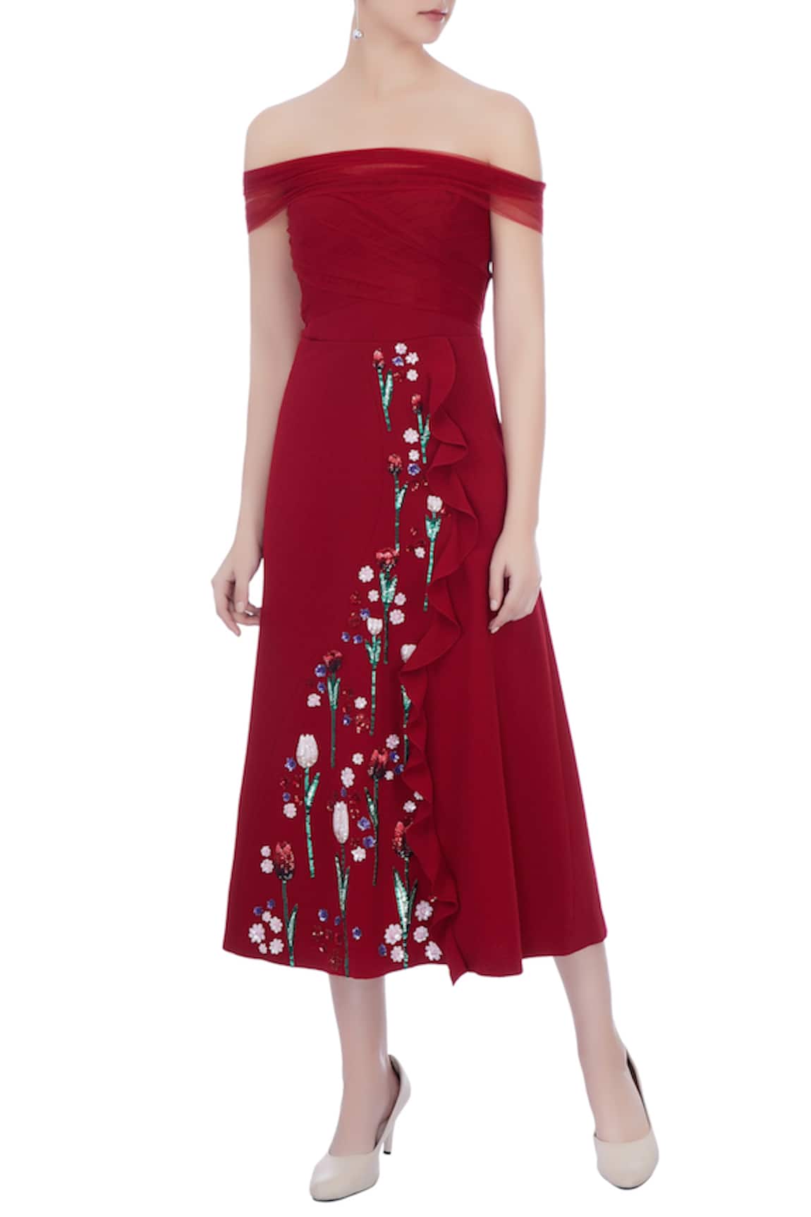 Gauri & Nainika Embroidered Off Shoulder Dress 