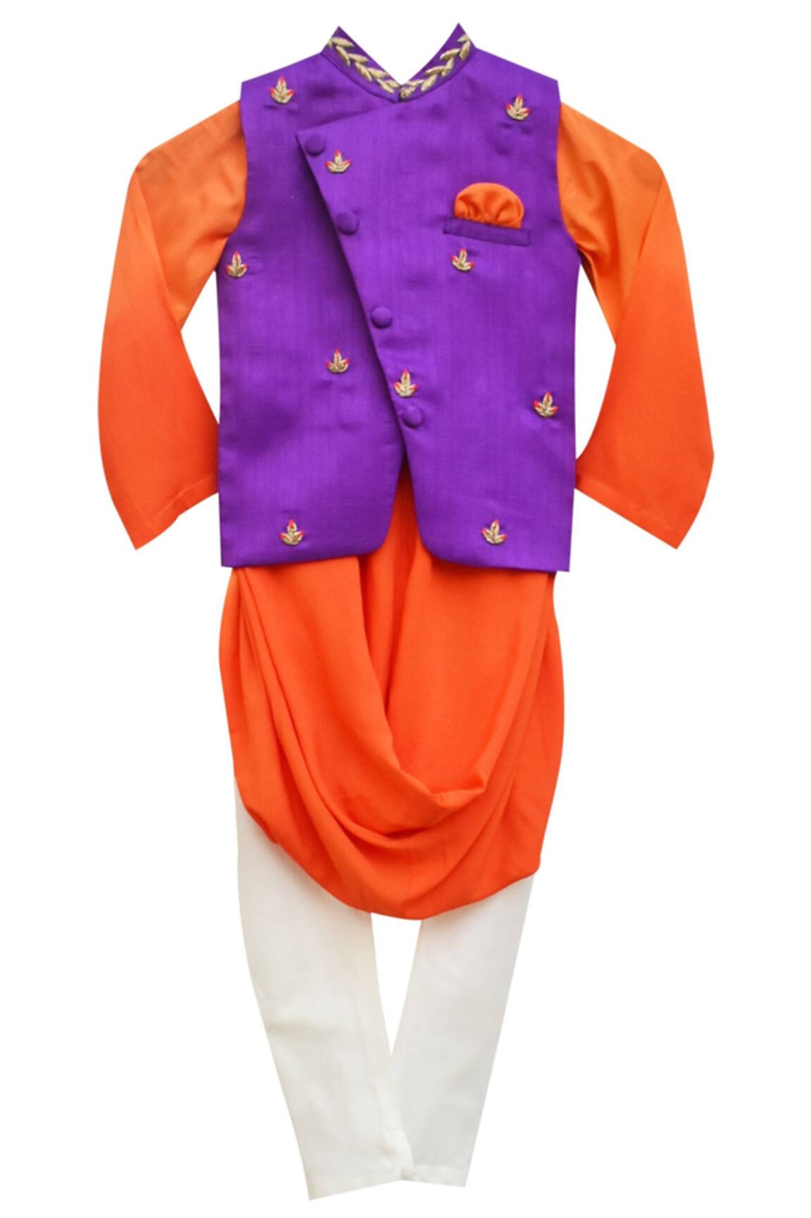 Fayon Kids Orange White Kurta Set with Purple Nehru Jacket 