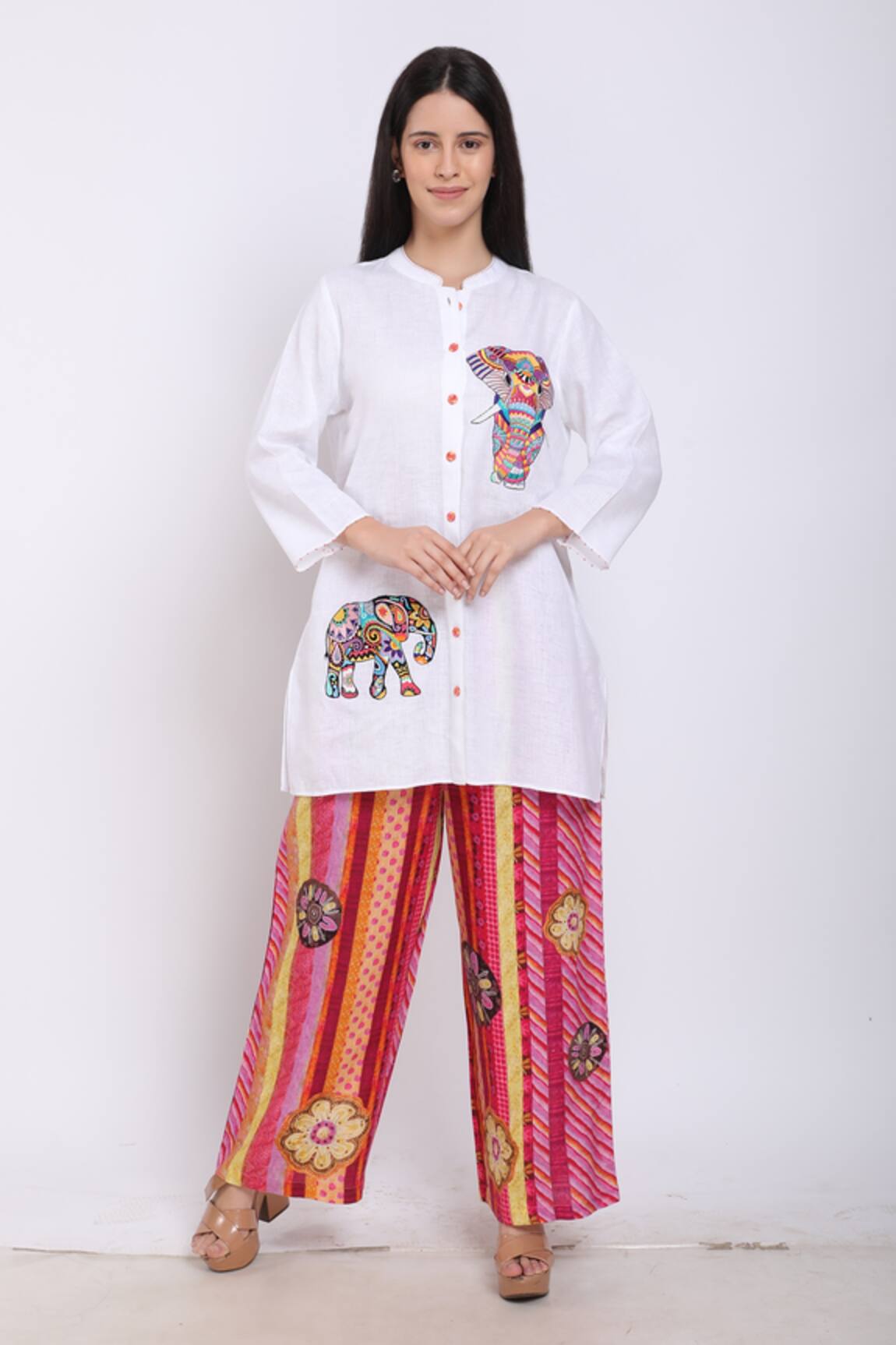 Linen Bloom Linen Elephant Embroidered Shirt 