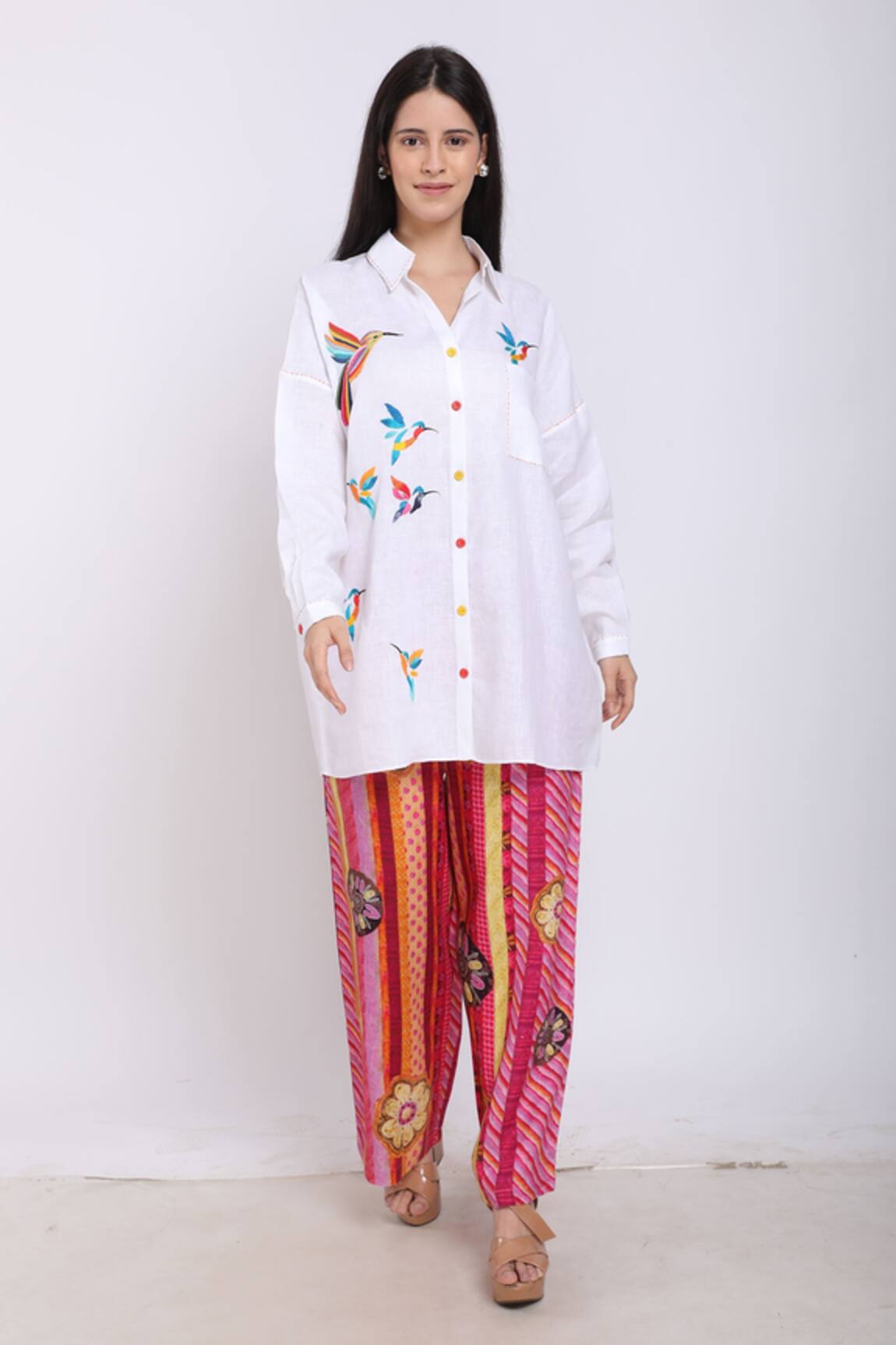 Linen Bloom Linen Humming Bird Embroidered Shirt 
