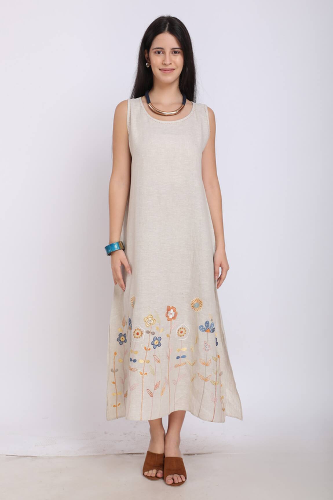 Linen Bloom Linen Floral Embroidered Dress 