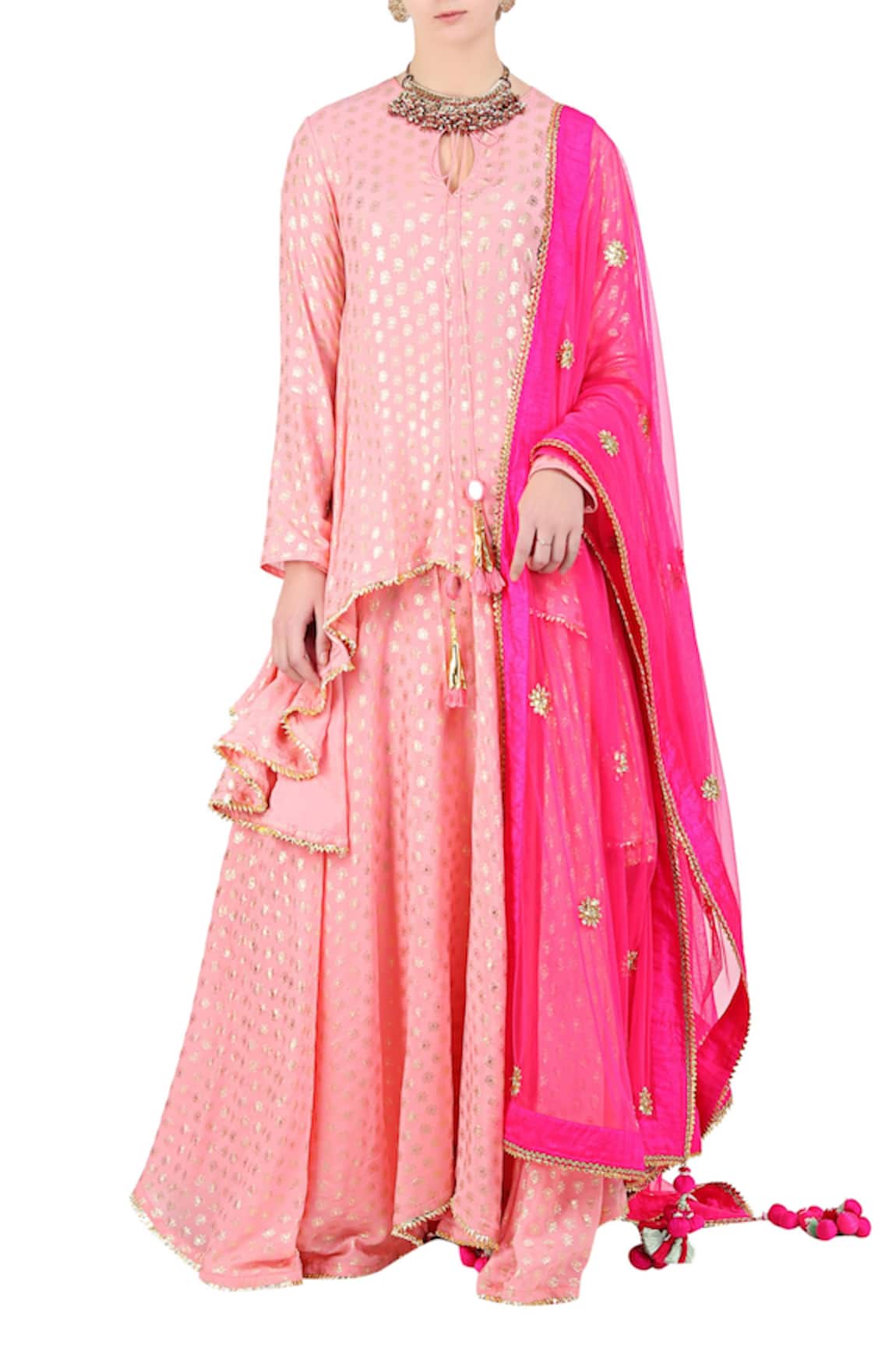 Nikasha Foil Print Asymmetric Kurta & Lehenga Set 