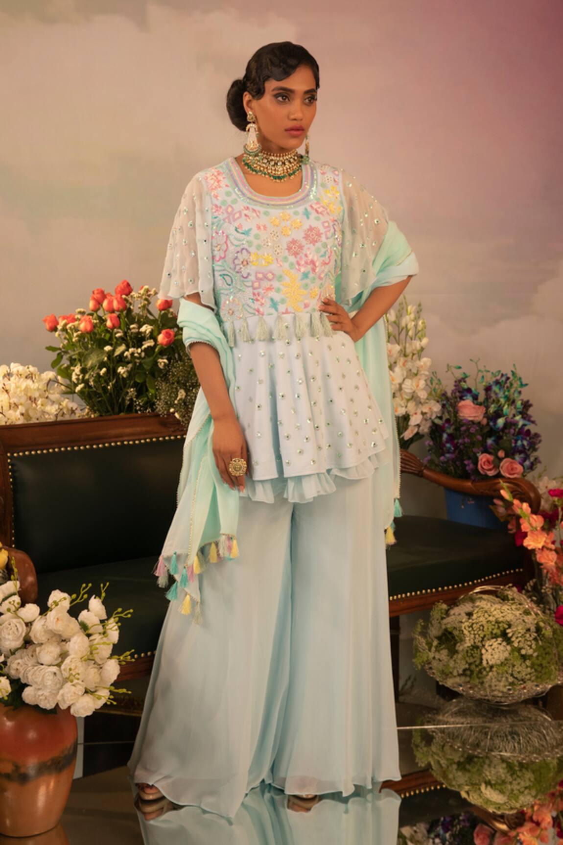 Ruh Clothing Hand Embroidered Peplum Kurta Sharara Set