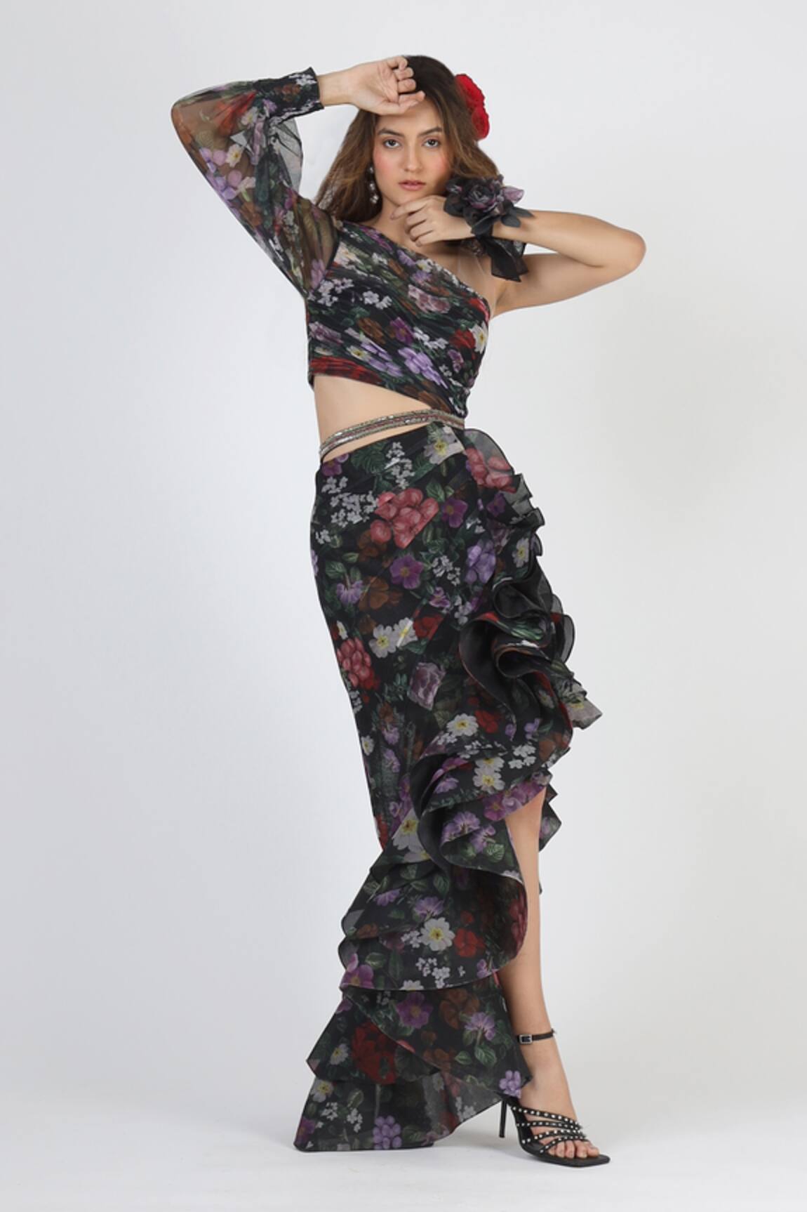 Geisha Designs One Shoulder Botanical Print Gown 