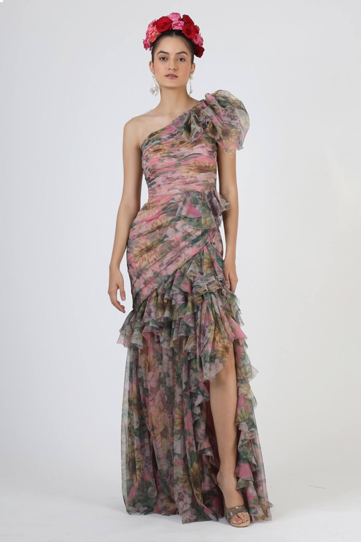 Geisha Designs One Shoulder Ruffle Gown 