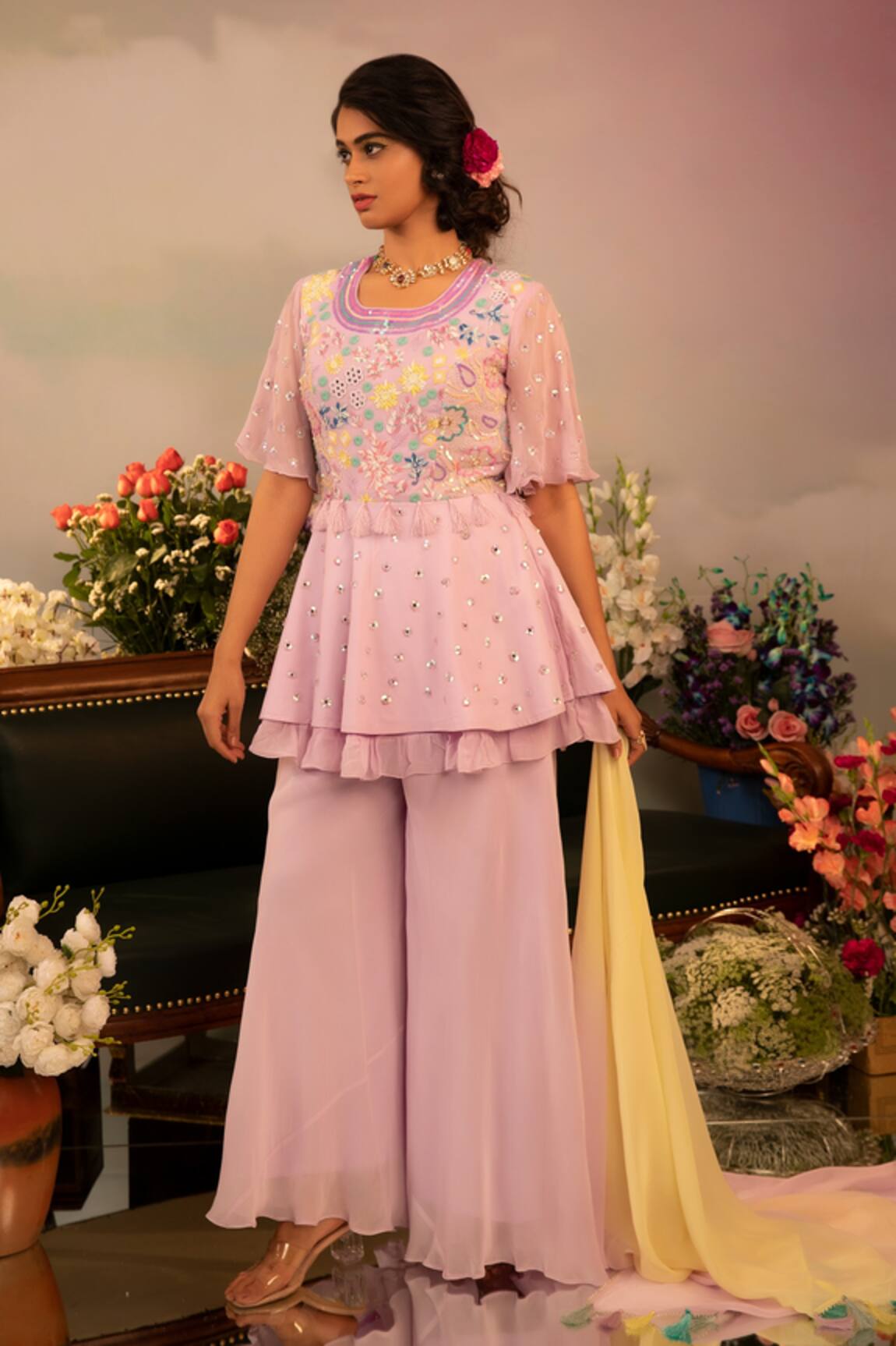 Ruh Clothing Hand Embroidered Peplum Kurta Sharara Set