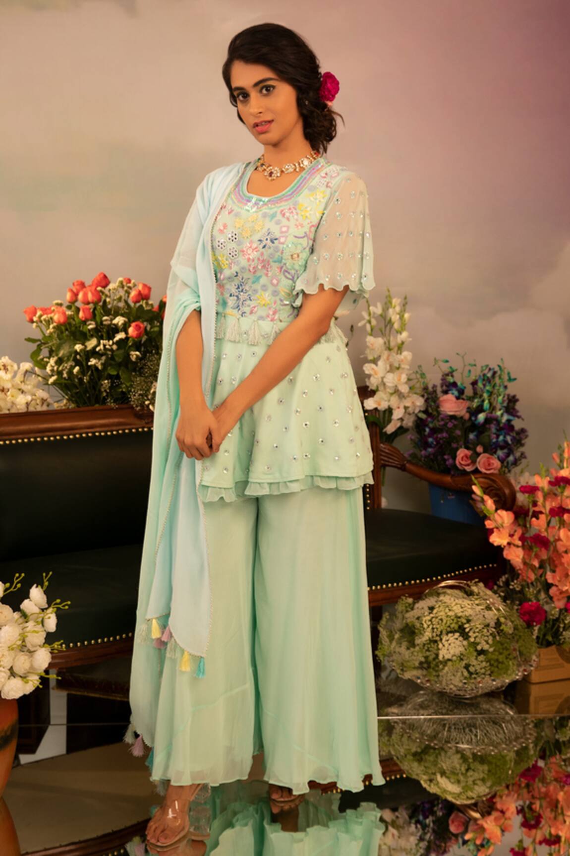 Ruh Clothing Hand Embroidered Peplum Kurta Sharara Set