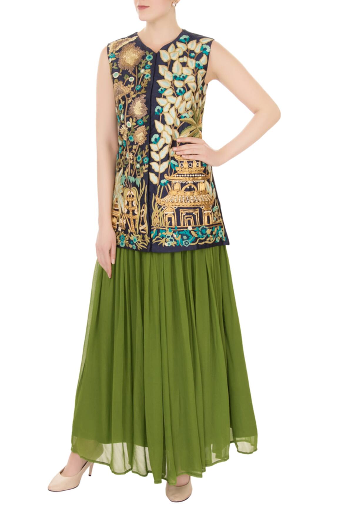 Aharin India Embroidered Silk Kurta & Lehenga Set 