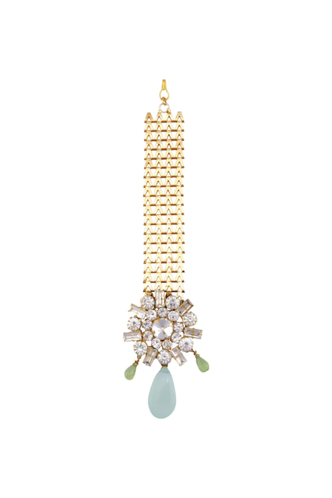 Ae-Tee Gold plated swarovski crystal maangtikka with mint green drops