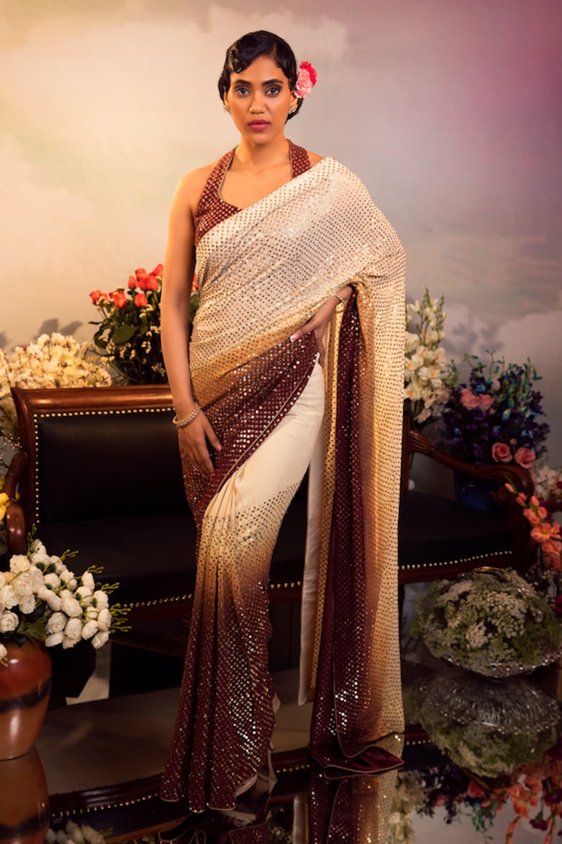 Ruh Clothing Hand Embroidered Ombre Saree With Blouse