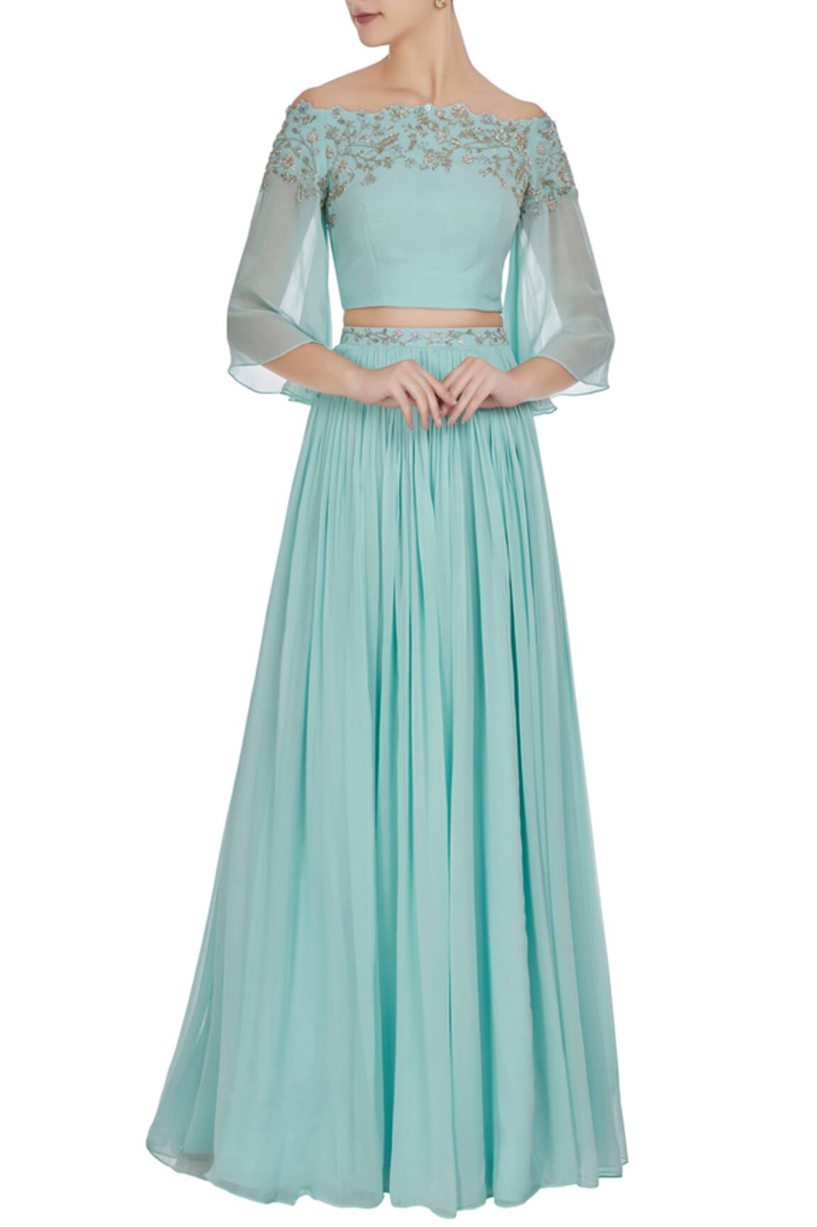 Pooja Peshoria Hand embroidered cutdana off-shoulder blouse with lehenga