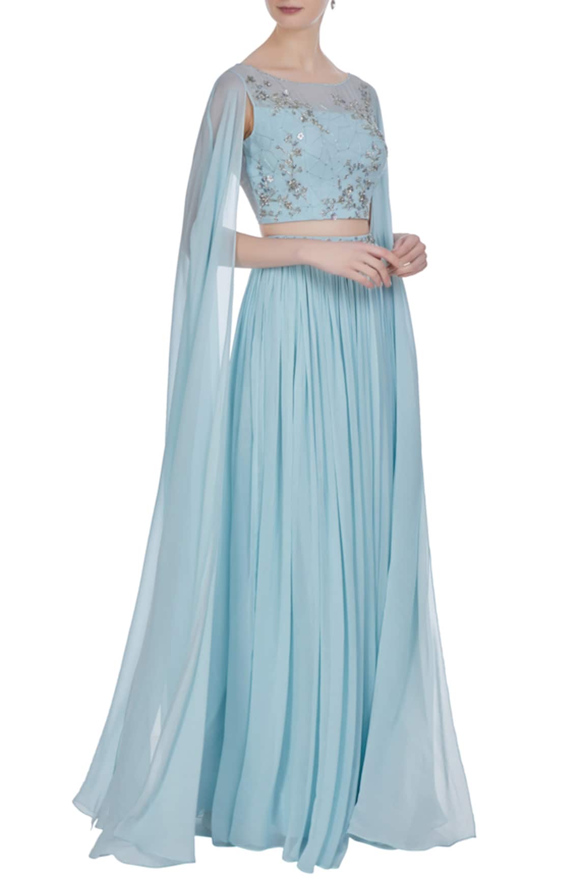 Pooja Peshoria Cape sleeve hand embroidered blouse with pleated lehenga