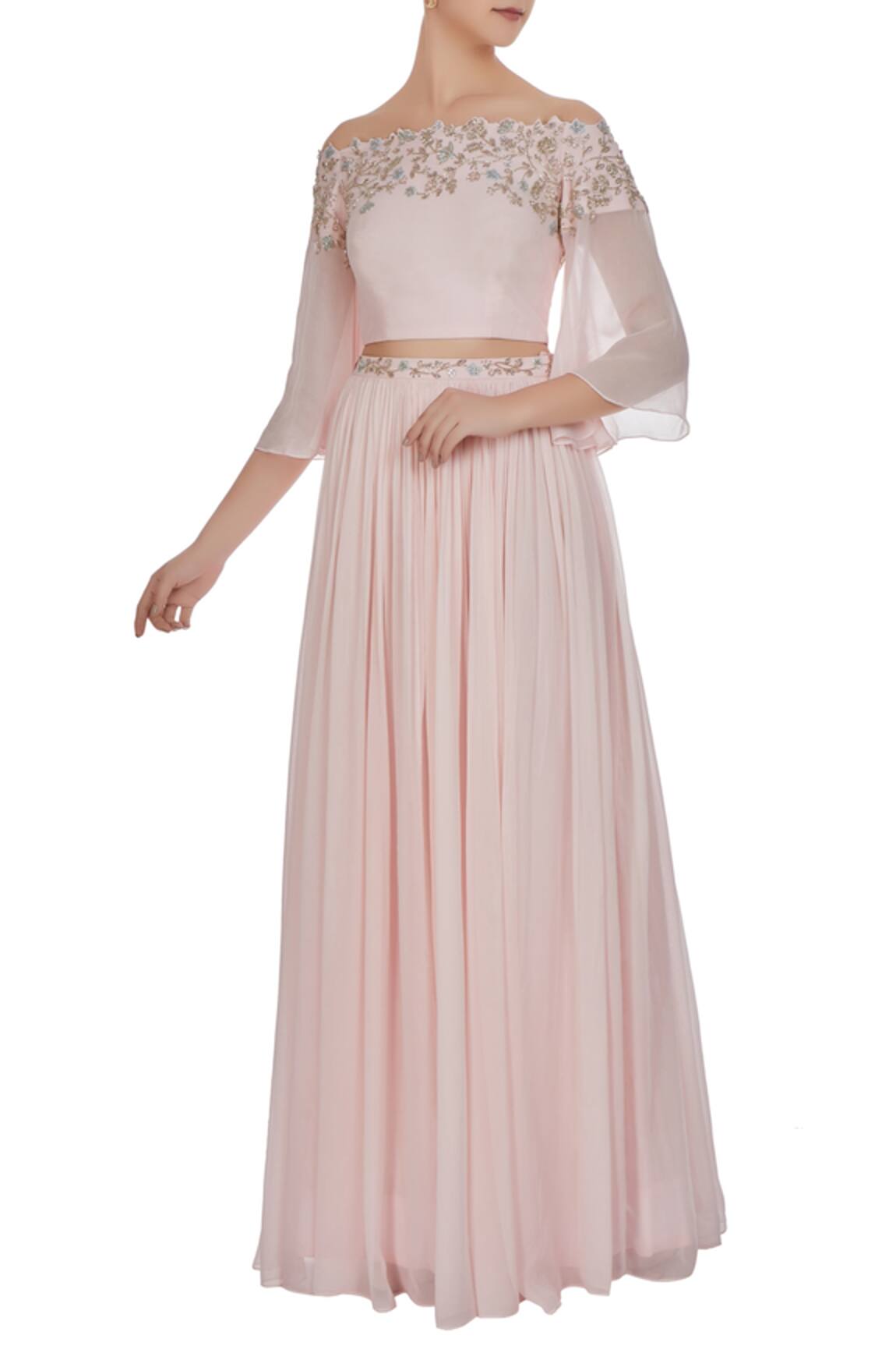 Pooja Peshoria Off-shoulder crystal & cutdana embroidered blouse with lehenga