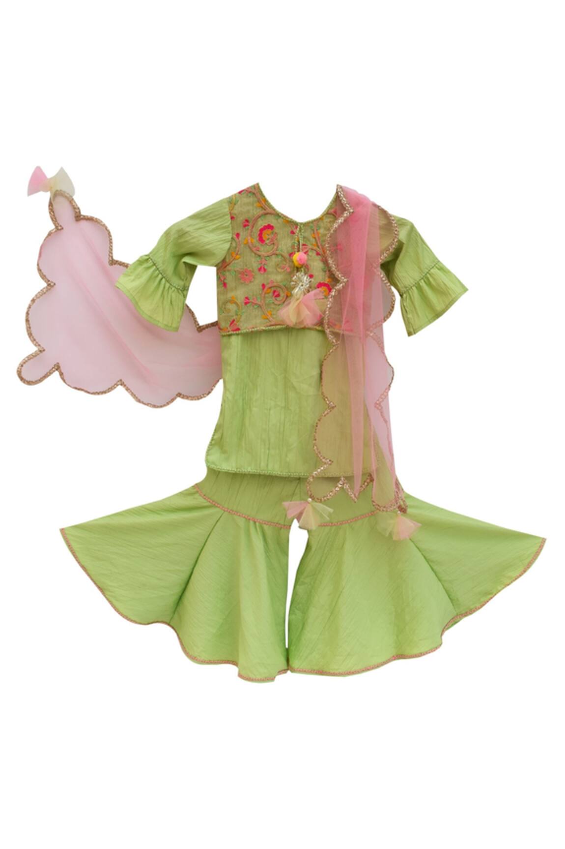 Fayon Kids Green crinkle crepe kurta with sharara & dupatta