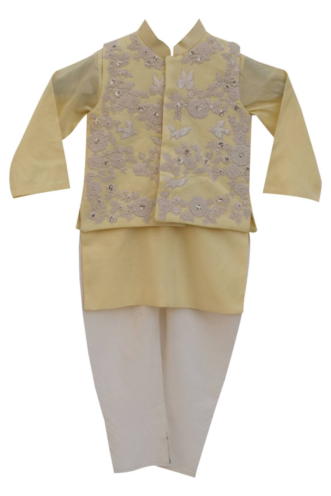 Fayon Kids Lemon yellow cotton silk embroidered jacket with lemon yellow kurta & churidar